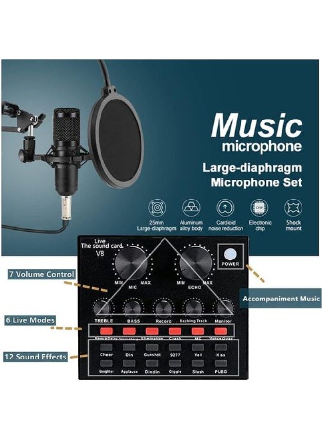 Professional Condenser Microphone Kit with V8 Sound Card This image shows a complete professional audio recording setup designed for podcasting, streaming, or studio recording. The main components include:  1. Condenser Microphone (BM800 style) A gold-and-black condenser microphone, known for its high sensitivity and clear sound capture, ideal for vocals and voiceovers.  2. Adjustable Microphone Arm Stand A metal suspension boom arm that allows flexible positioning of the microphone for comfort and optimal sound capture.  3. Pop Filter and Foam Windscreen A circular pop filter and a foam windscreen to reduce plosive sounds and wind noise, improving audio clarity.  4. Shock Mount A suspension shock mount to hold the microphone and reduce vibrations or handling noise.  5. V8 Live Sound Card An external audio interface with multiple knobs and buttons for adjusting mic volume, echo, and adding sound effects during live streaming or recording.  6. Cables and Mounting Accessories Includes US - Image 4